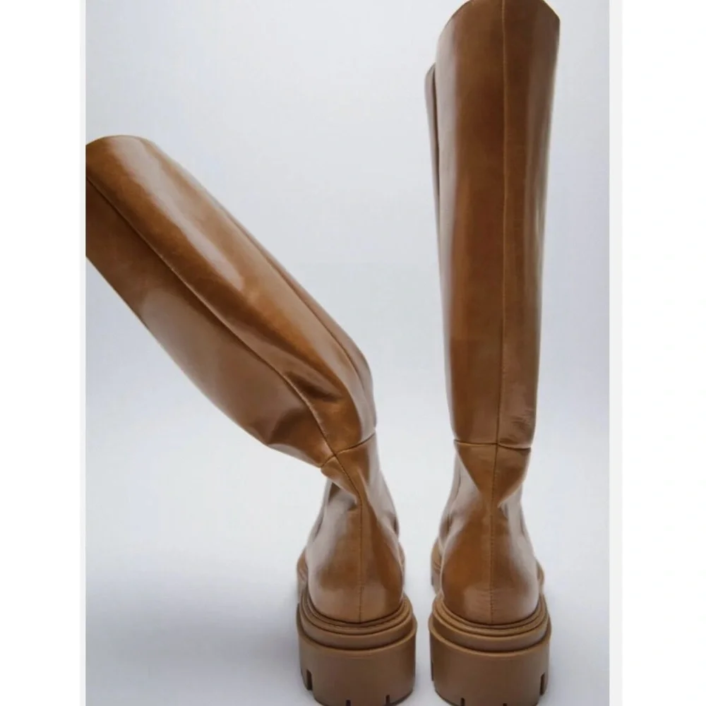 ZARA Flat Knee Brown Tall Leather Boots - Picture 5 of 16